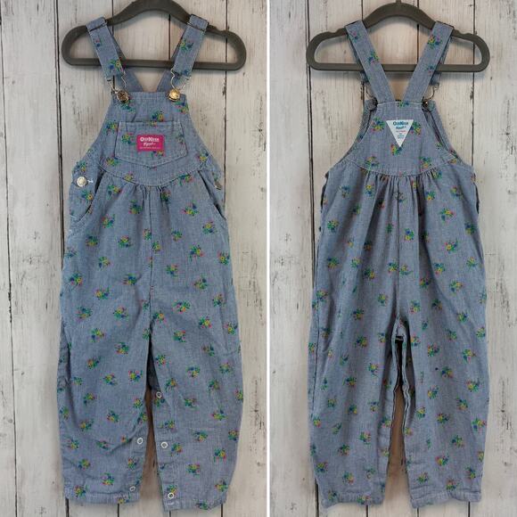 VTG OshKosh B'gosh Vestbak Blue Floral Denim Overalls 80s 90s Girls Toddler 3T - Picture 1 of 13